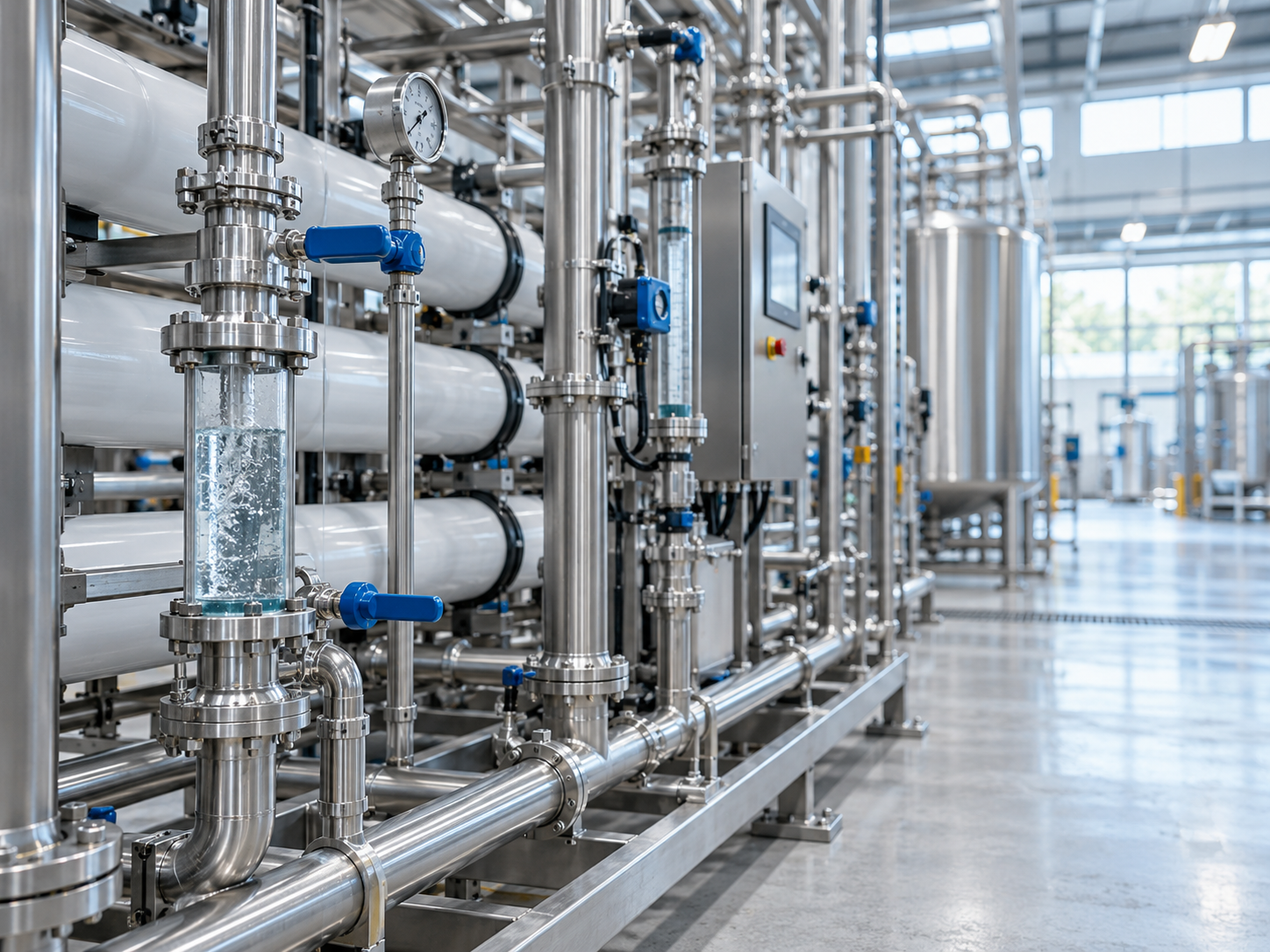 Stainless steel water-treatment pipes and filtration equipment inside a manufacturing plant